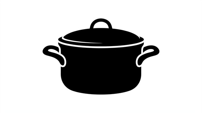 Black cooking pot icon featuring a minimalist graphic style with a sturdy lid and rounded handles in a clean bold outline design suitable for various modern kitchen branding projects today.