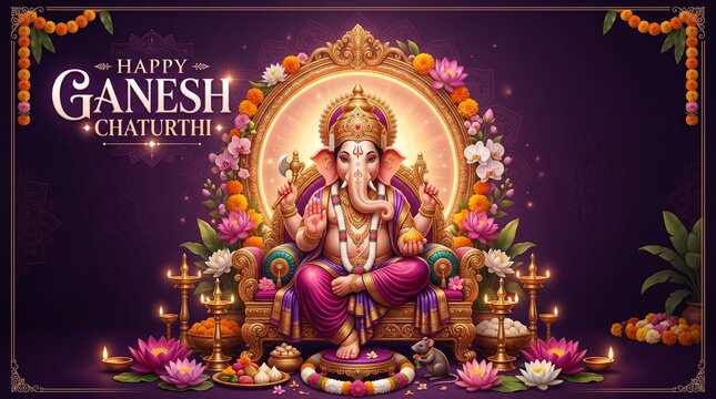Lord ganesha sitting on throne for ganesh chaturthi festival