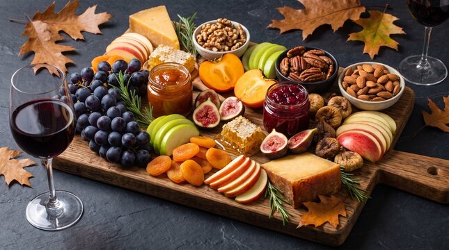 Autumnal Charcuterie Board with Cheese Grapes and Wine
