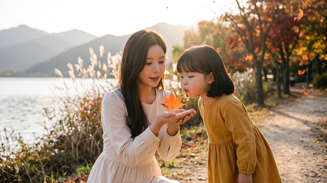 낙엽을 바라보는 엄마와 딸 &middot; Mother and Daughter Looking at Fallen Leaves