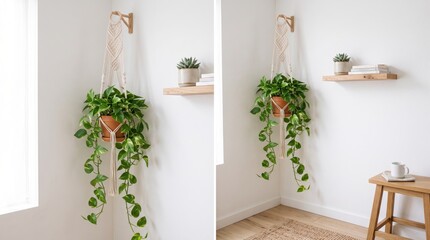 Fototapeta premium Bohemian style interior decoration featuring handmade macrame plant hanger with trailing pothos greenery suspended on white wall corner next to minimalist wooden floating shelf