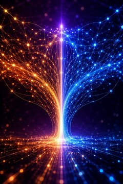 Abstract neural network tree of glowing light, digital data connection concept, futuristic artificial intelligence visualization in blue and orange