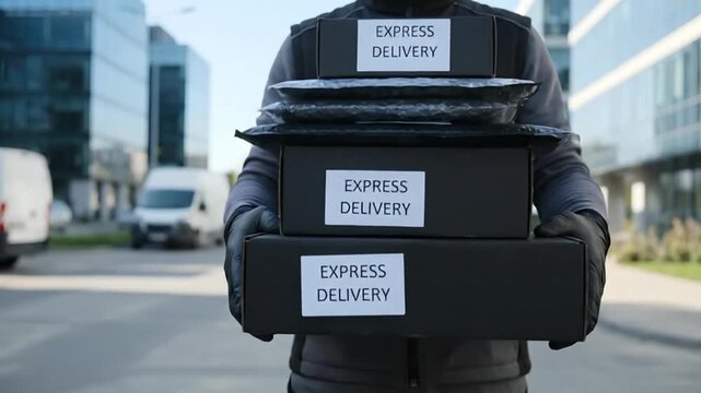 Courier Carrying Stack of Express Delivery Parcels Near Office Building