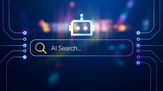 AI search engine bar with robot icon and circuit board background