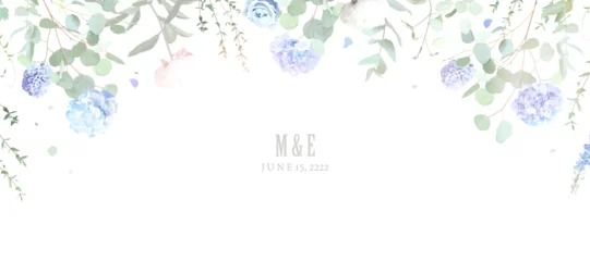 Dusty blue hydrangea, rose, hyacinth, eucalyptus vector frame. Hand painted branches, rose, hydrangea white background. Greenery wedding invitation. Watercolor card. Elements are isolated and editable © lavendertime