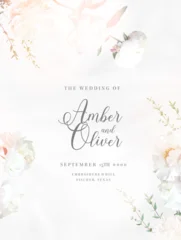 Light silver branches and white flowers vector frame. Creamy beige and dusty white peony, eucalyptus. Wedding spring floral. Pastel watercolor marbled background.All elements are isolated and editable © lavendertime