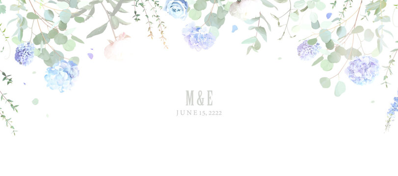 Dusty blue hydrangea, rose, hyacinth, eucalyptus vector frame. Hand painted branches, rose, hydrangea white background. Greenery wedding invitation. Watercolor card. Elements are isolated and editable