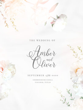 Light silver branches and white flowers vector frame. Creamy beige and dusty white peony, eucalyptus. Wedding spring floral. Pastel watercolor marbled background.All elements are isolated and editable