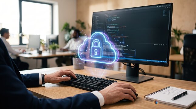 Software developer working on cloud security encryption code with glowing padlock hologram projection above keyboard, cyber protection, data privacy safeguard, IT specialist