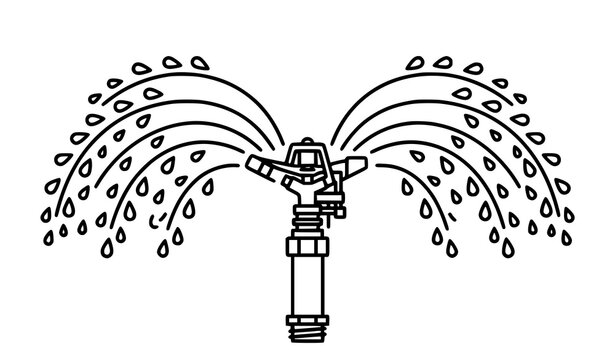 Irrigation sprinkler spraying water droplets line art icon, garden watering system vector illustration for agriculture and landscaping design