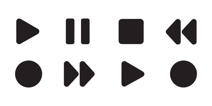 Media control buttons set featuring black play pause stop fast forward rewind and record icons for interface design.