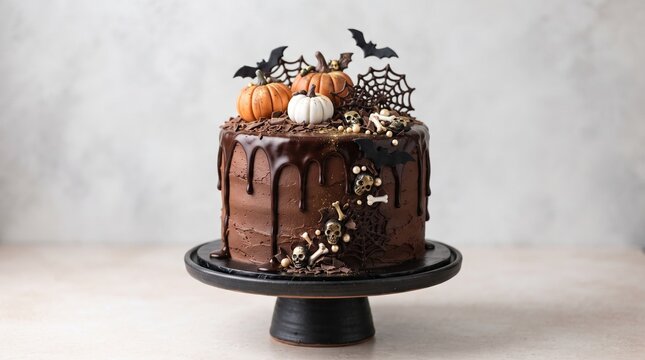 Elegant Halloween chocolate drip cake decorated with miniature pumpkins, bats, spider webs, skulls, bones, and chocolate shavings on a black cake stand. Clean studio composition with copy space, ideal