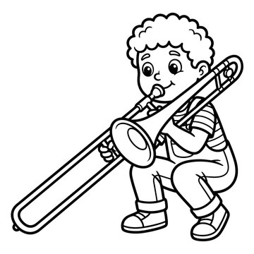 Boy playing trombone in a playful coloring page for children  