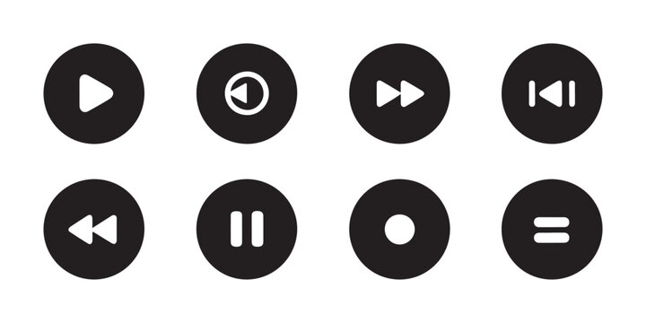 Round black media control buttons featuring play pause record fast forward and rewind icons for sound players.