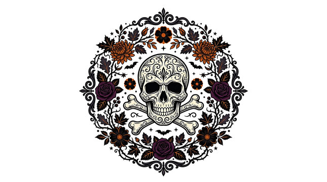 Mexican sugar skull with crossbones, ornate floral mandala with roses and leaves, traditional Day of the Dead calavera illustration