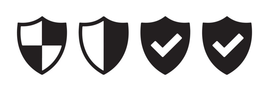 Shield icons with checkered division and checkmarks in solid black for system security and application.