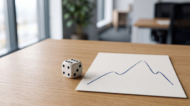 White die beside hand drawn line chart on office desk
