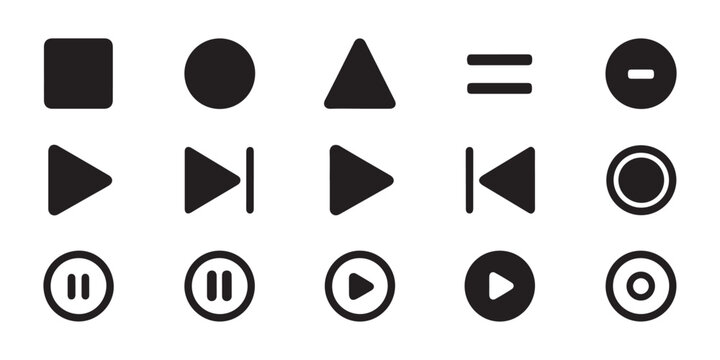 Set of black media control icons for audio video player interface navigation on transparent background elements.