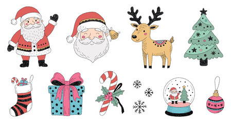 Fototapeta premium Cute hand drawn vector illustration set with Christmas tree, Santa, deer, gifts and ornaments.