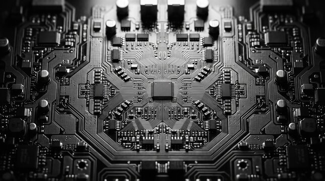 Macro top view of a computer motherboard printed circuit board with central microprocessor chip and detailed electronic components in a high contrast black and white technological aesthetic