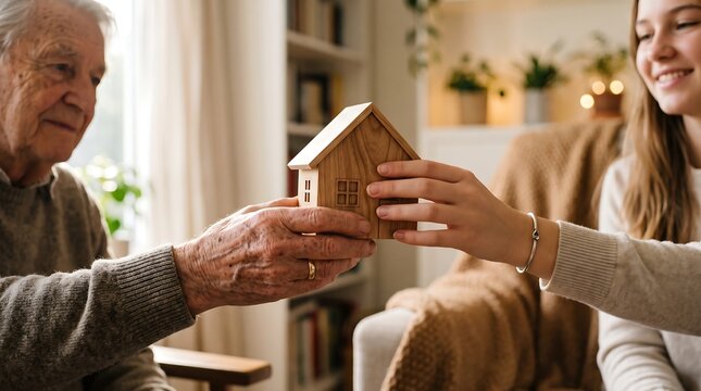 Young woman handing wooden house model to elderly man signifying generational wealth transfer or property inheritance planning in comfortable home environment during sunny afternoon session