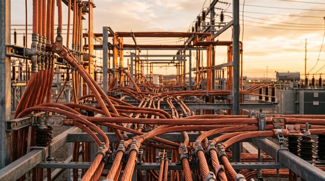 Industrial power substation with heavy gauge braided copper wiring and high voltage electrical components during sunset golden hour lighting high detail infrastructure concept