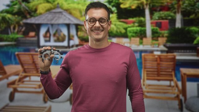 Man holding trial frame and glasses with hand, smiling and showing moustache and wristwatch by a pool at a building; confidence vision care.