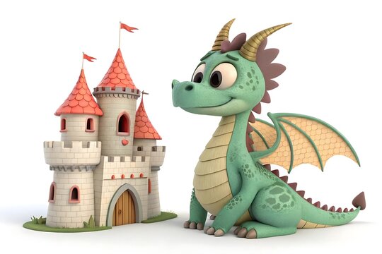 Cartoon dragon sitting beside a fairy tale castle