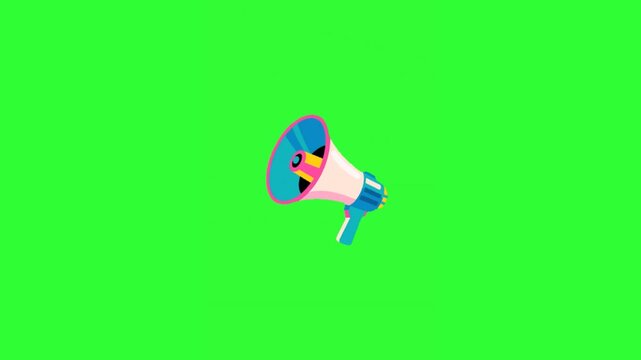 Colorful animated megaphone with playful motion accents on a bright green screen, ideal for chroma key compositing, announcement graphics, promotion videos, alerts, social media content, marketing cam