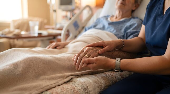 Caregiver Comforting Elderly Patient by Holding Hand Beside Hospital Bed