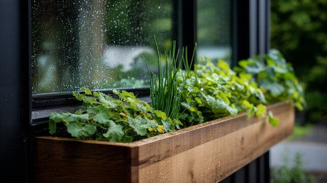 Fresh herbs growing on eco home windowsill. Sustainable living, organic greenery, self-sufficient lifestyle and harmony with nature indoors.