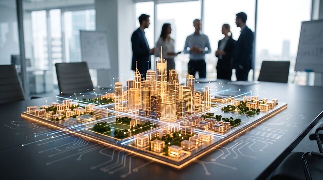 Futuristic smart city digital model glowing on boardroom table with professional business team discussing urban development projects in modern office background setting with high tech lighting