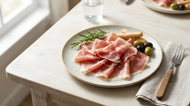 Prosciutto Di Parma Slices on Ceramic Plate, Italian Cured Ham Gourmet Charcuterie Appetizer, Cold Cut Meat antipasto, Restaurant Menu Food Photography, Clean Table Setting with Copy Space for Design