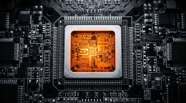 High Tech Computer CPU Processor Chip with Glowing Orange Circuit Patterns on Dark Motherboard Background Macro Close Up Shot for Artificial Intelligence and Data Computing Technology Concep