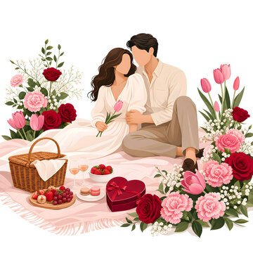 Loving couple enjoying a romantic picnic outdoors surrounded by blooming roses and flower mindfulness aesthetic, perfect for pod designs, valentine graphics, and couple wallpaper concept