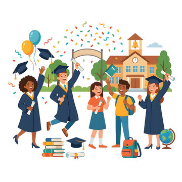 Happy diverse group of young students and graduates celebrating graduation day in front of school building with confetti and balloons