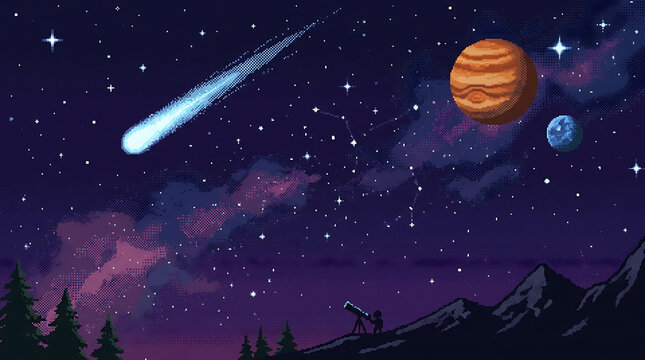 Meteor shower over planet with comet tail