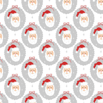 Seamless print with funny cute head Santa Claus and bow and stars