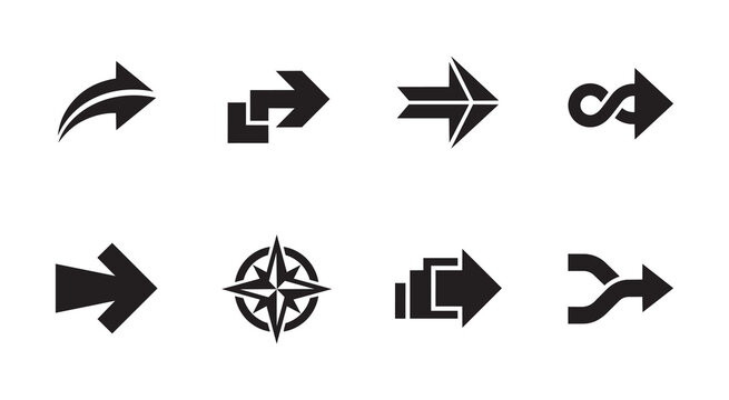 Diverse black arrow icons depicting various directions movements and pathway indicators for navigation