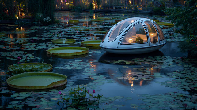 Futuristic water transport with eco-friendly design, smart technology and sustainable solutions for urban mobility.
