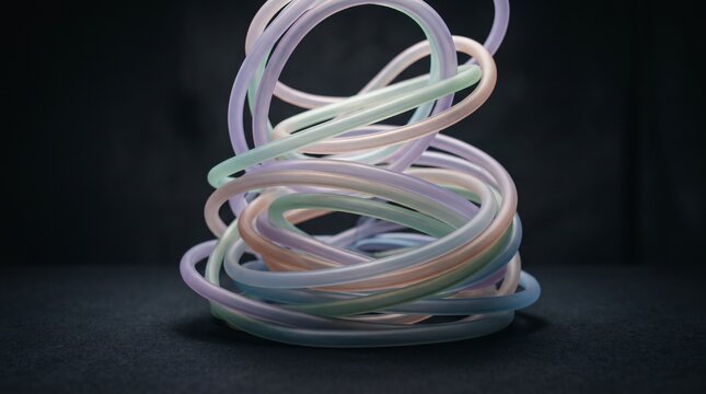 Abstract art composition of translucent glowing neon plastic tubing coiled in a spiral on a dark textured background soft studio lighting with iridescent pastel colors and modern artistic ae
