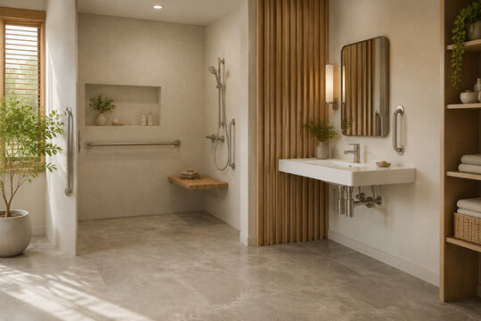 Modern Japandi accessible bathroom with curbless shower and bench