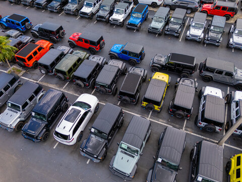 Aerial photo ew Jeep Wranglers on a dealership parking lot