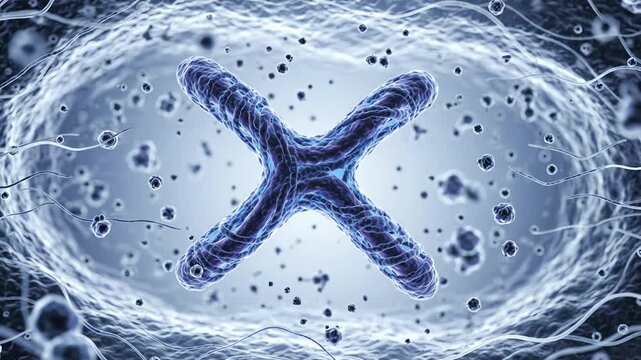 Chromosome surrounded by fine genetic material within a clean cellular nucleus