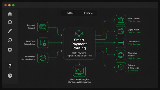 Smart Payment Routing Concept Diagram Showing AI Decision Engine and Success Rate Optimization for Merchants and PSPs