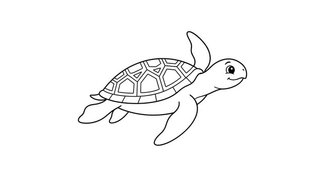 Cute cartoon sea turtle swimming happily line art illustration