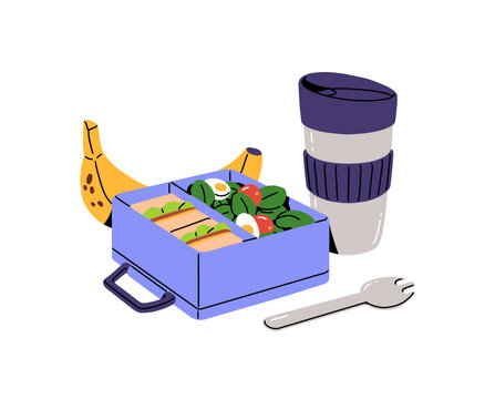 Bento box with lunch and thermos mug. Lunchbox with healthy food for eating at school and work. Plastic container with takeaway meal, fruit and vegetables. Flat isolated vector illustration on white