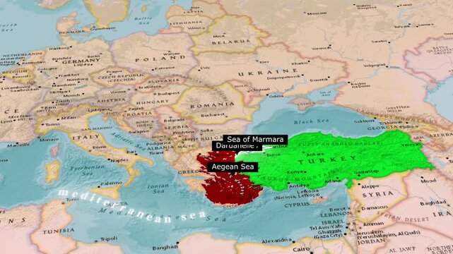 Aegean Sea And Sea of ​​Marmara and  Dardanelles Strait Map Close Up Animation