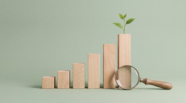 Sustainable business growth concept with wooden block bar chart green sprout and magnifying glass on sage background