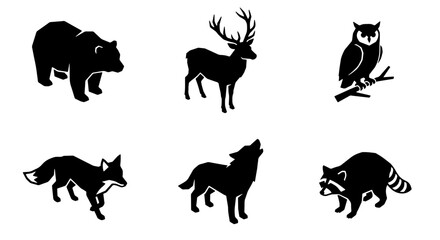 Fototapeta premium Forest Animals Silhouettes: Bear, Deer, Owl, Fox, Wolf, Raccoon Vector Icons